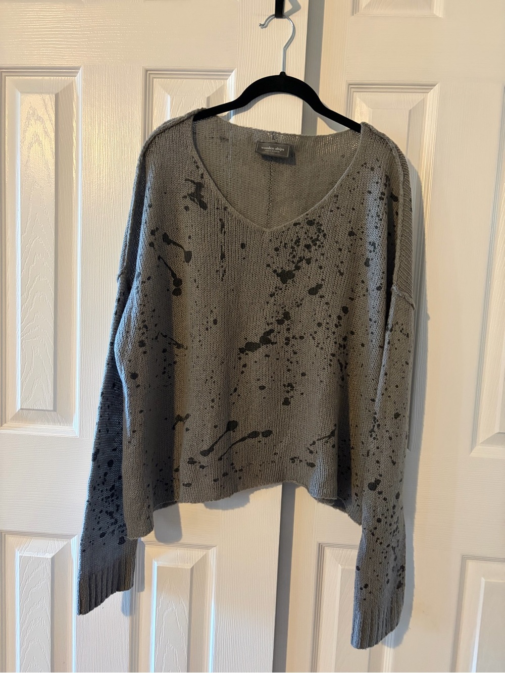 Wooden Ships Paolo Buendia Gray & Black V-Neck Splatter Knit Sweater